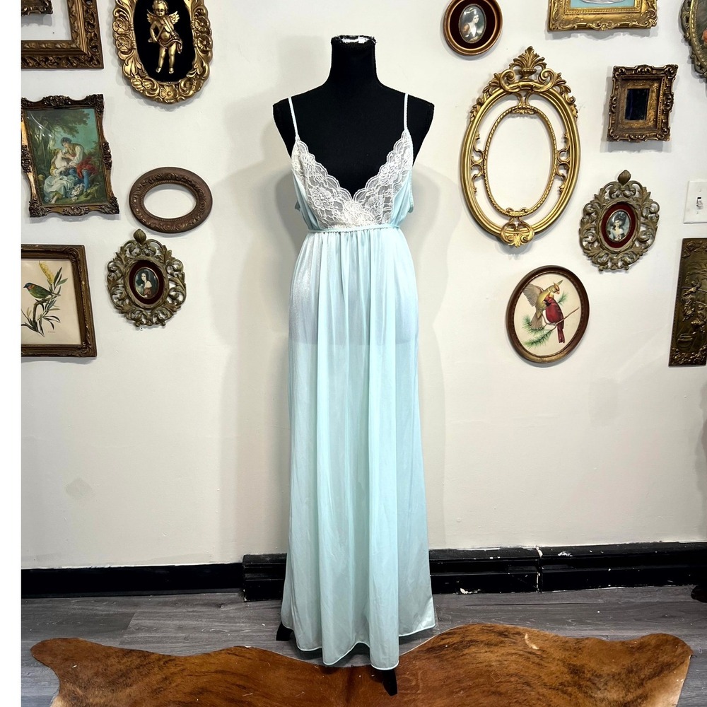 Vintage Glencraft Lingerie Mint Lace Trim Maxi Nightgown Large
